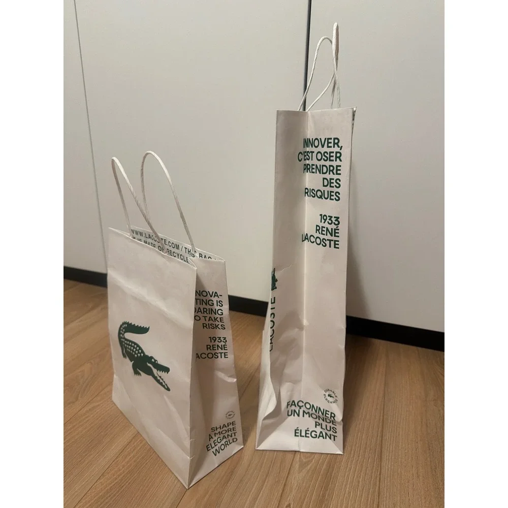 Lacoste Paper Shopping Gift Bags Set of 2 White Green Crocodile Logo Small Large